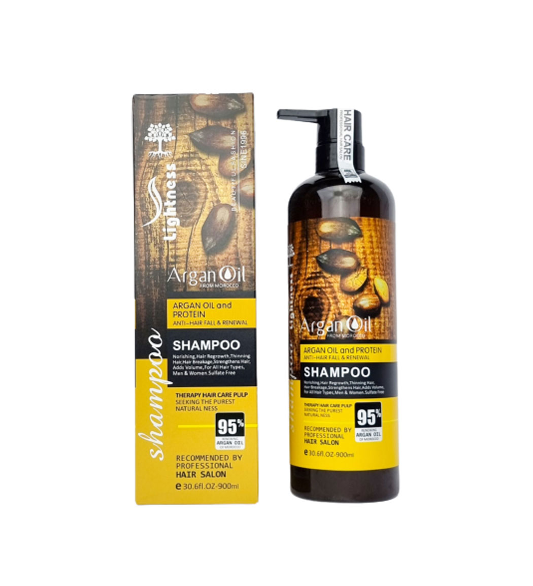 لایتنس شامپو ضد ریزش و تقویت کننده مدل فاقد سولفات دارای روغن آرگان و پروتئین حجم 900 میلی لیتر